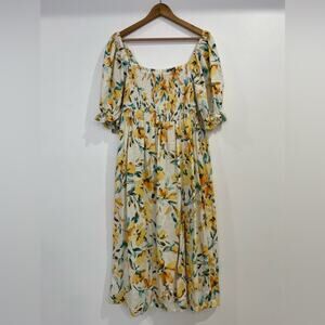 Gap Linen Blend Puff Sleeve Midi Dress Yellow Floral Summer Party XL